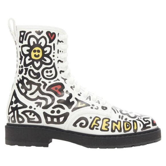 Fendi Shoes - Fendi Mr Doodle logo graffiti print laced combat ankle boot